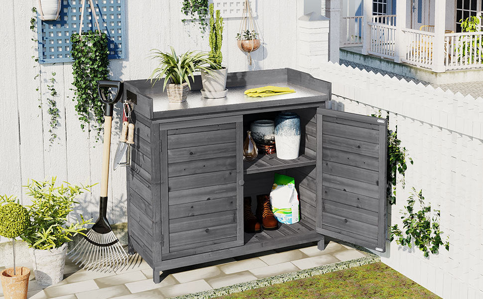 TOPMAX Outdoor 39" Potting Bench Table, Rustic Garden Wood Workstation Storage Cabinet Garden Shed with 2-Tier Shelves and Side Hook, Grey