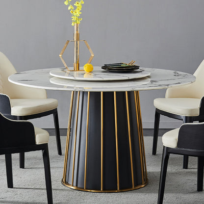 Modern White Round Marble Tabletop Dining Table with Lazy Susan, Black and Gold Leg, Dining Room Table, 59"