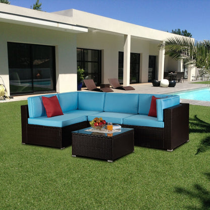 Outdoor Garden Patio Furniture 5-Piece Brown PE Rattan Wicker Sectional Blue Cushioned Sofa Sets with 2 Red Pillows