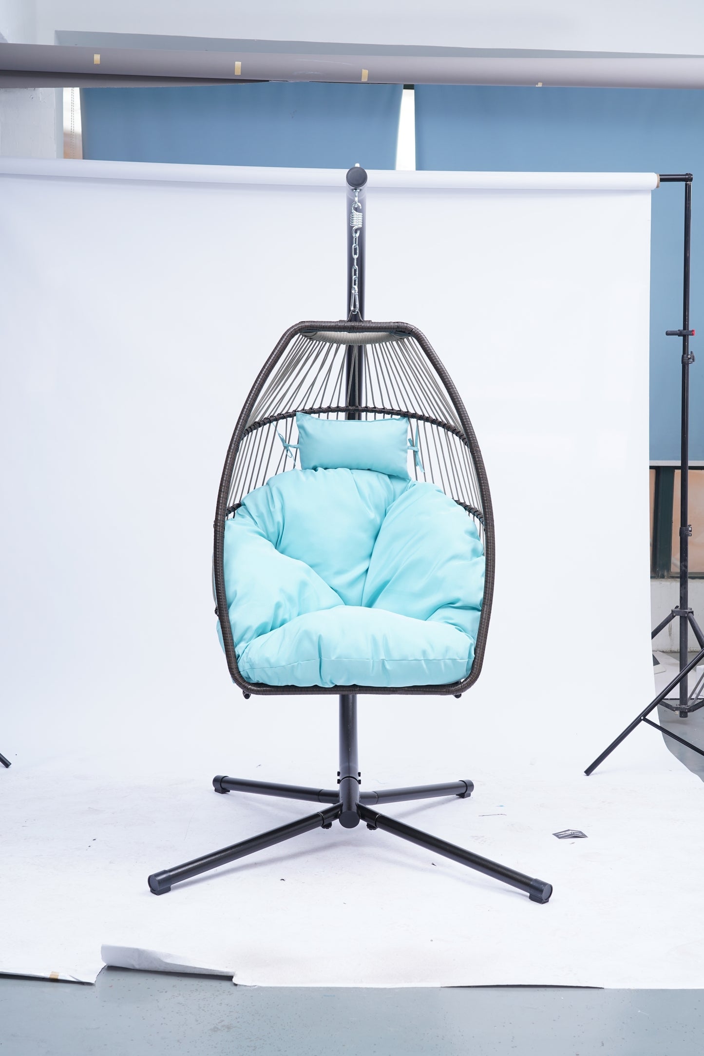 Patio Wicker folding Hanging Chair,Rattan Swing Hammock Egg Chair with C Type bracket , with cushion and pillow,for Indoor,Outdoor，Blue