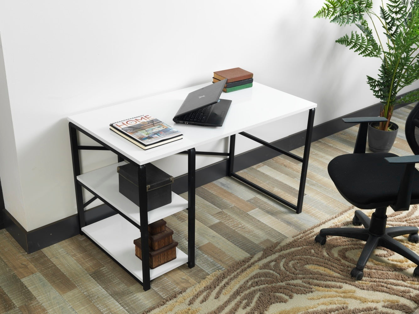 Furnish Home Store Sage Black Metal Frame 47" Wooden Top 2 Shelves Writing and Computer Desk for Home Office, White