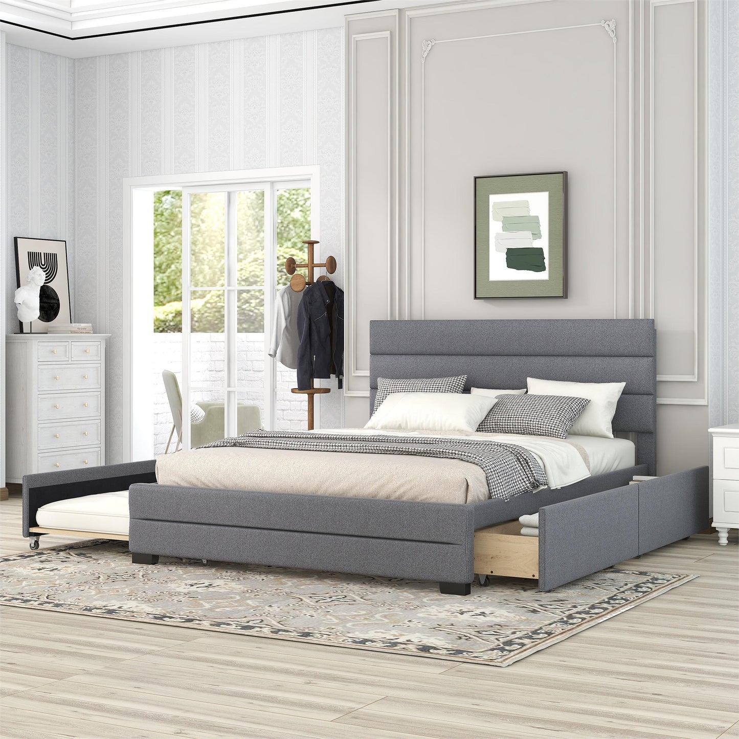 Queen Upholstered Platform Bed with Trundle and Two Drawers,Grey