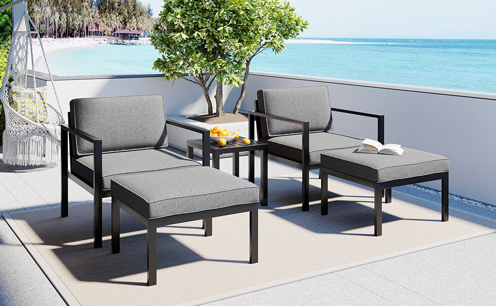 TOPMAX Outdoor Patio 5-piece Aluminum Alloy Conversation Set Sofa Set with Coffee Table and Stools for Poolside, Garden,Black Frame+Gray Cushion