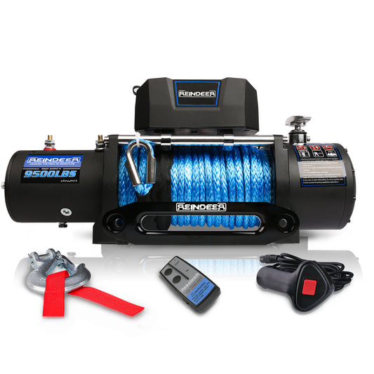 REINDEER 12V Winch 9500 lb Load Capacity Electric Winch Synthetic Rope with Hawse Fairlead Waterproof IP67 with Wireless Remotes