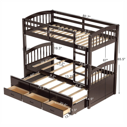 Twin over Twin Wood Bunk Bed with Trundle and Drawers, Espresso