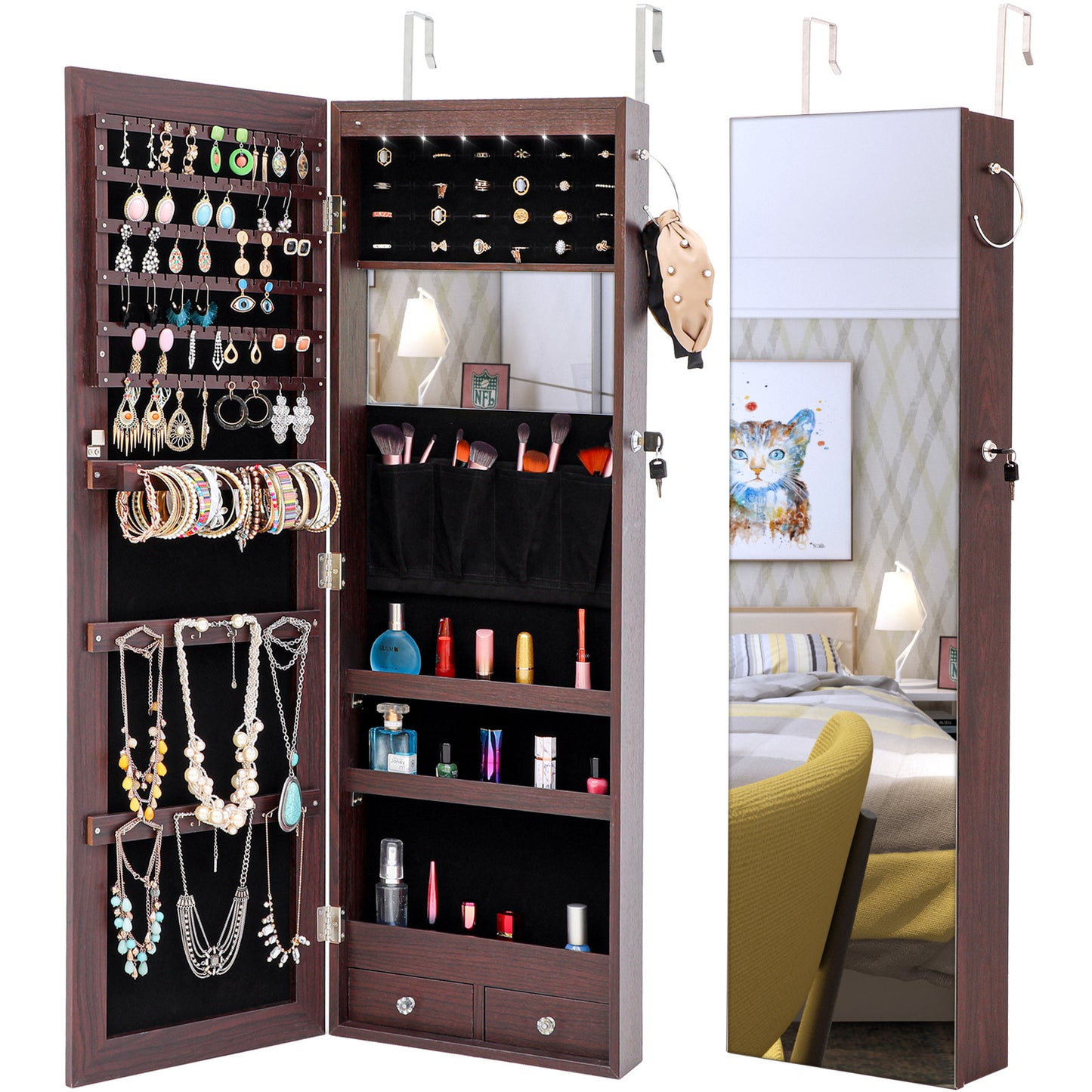 Fashion Simple Jewelry Storage Mirror Cabinet With LED Lights Can Be Hung On The Door Or Wall