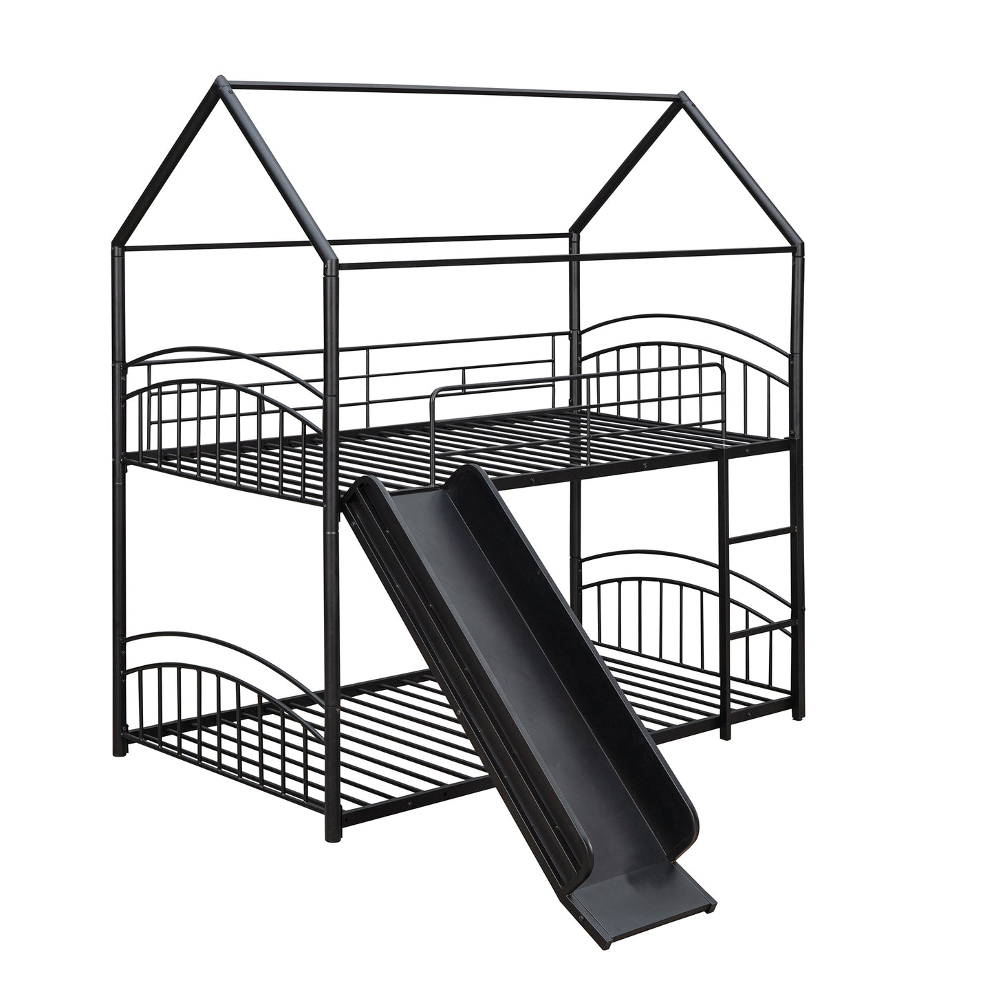 Twin Over Twin Metal Bunk Bed With Slide,Kids House Bed Black