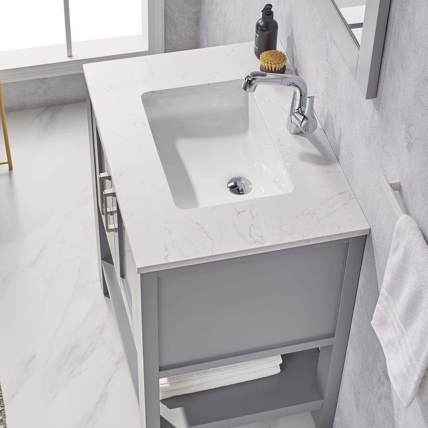 F&R Gray Bathroom Vanity with Sink 30 Inch Bathroom Vanity Canbinet Modern Bathroom Sink Vanity with Marble Countertop and White Ceramic Sink