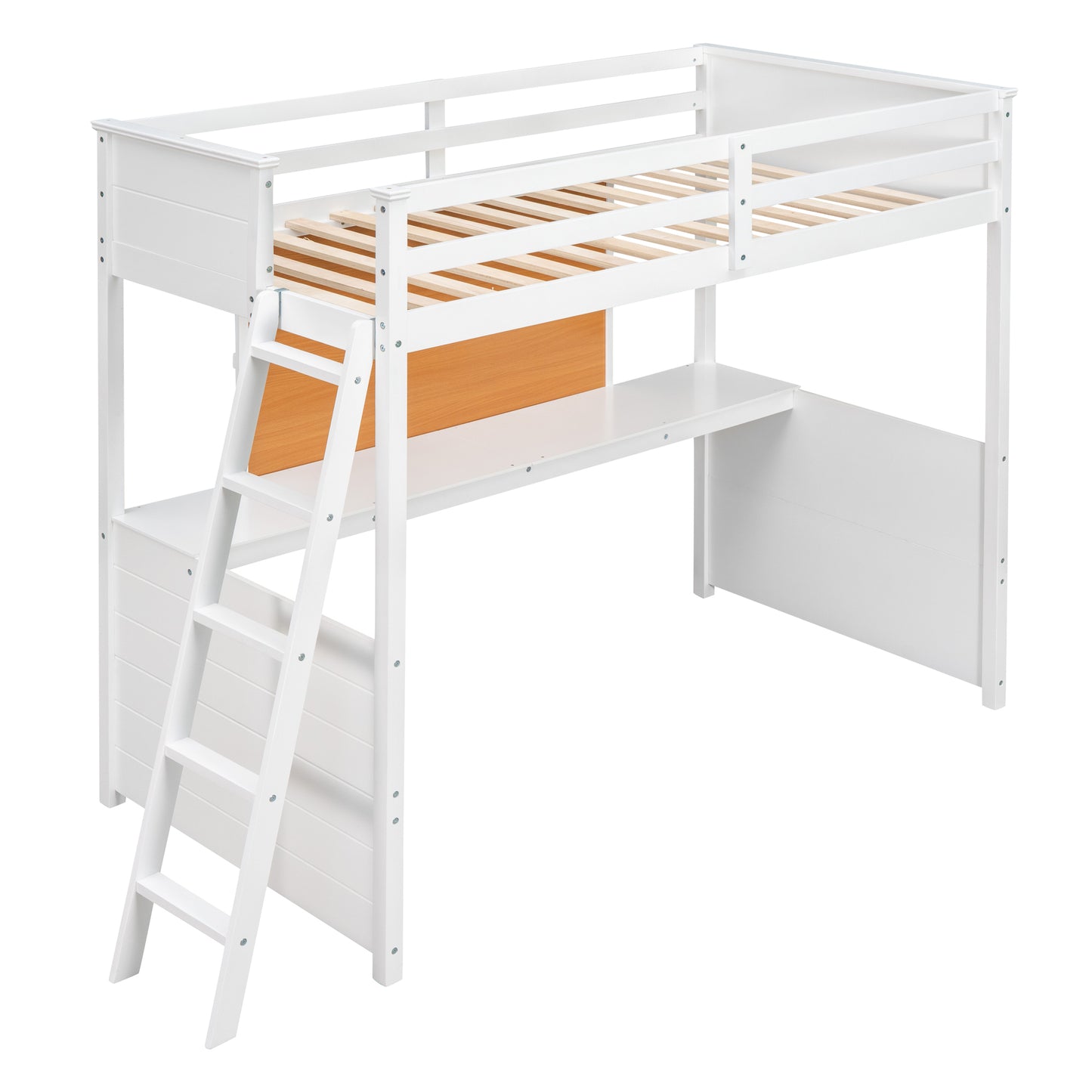 Twin size Loft Bed with Desk and Writing Board, Wooden Loft Bed with Desk - White