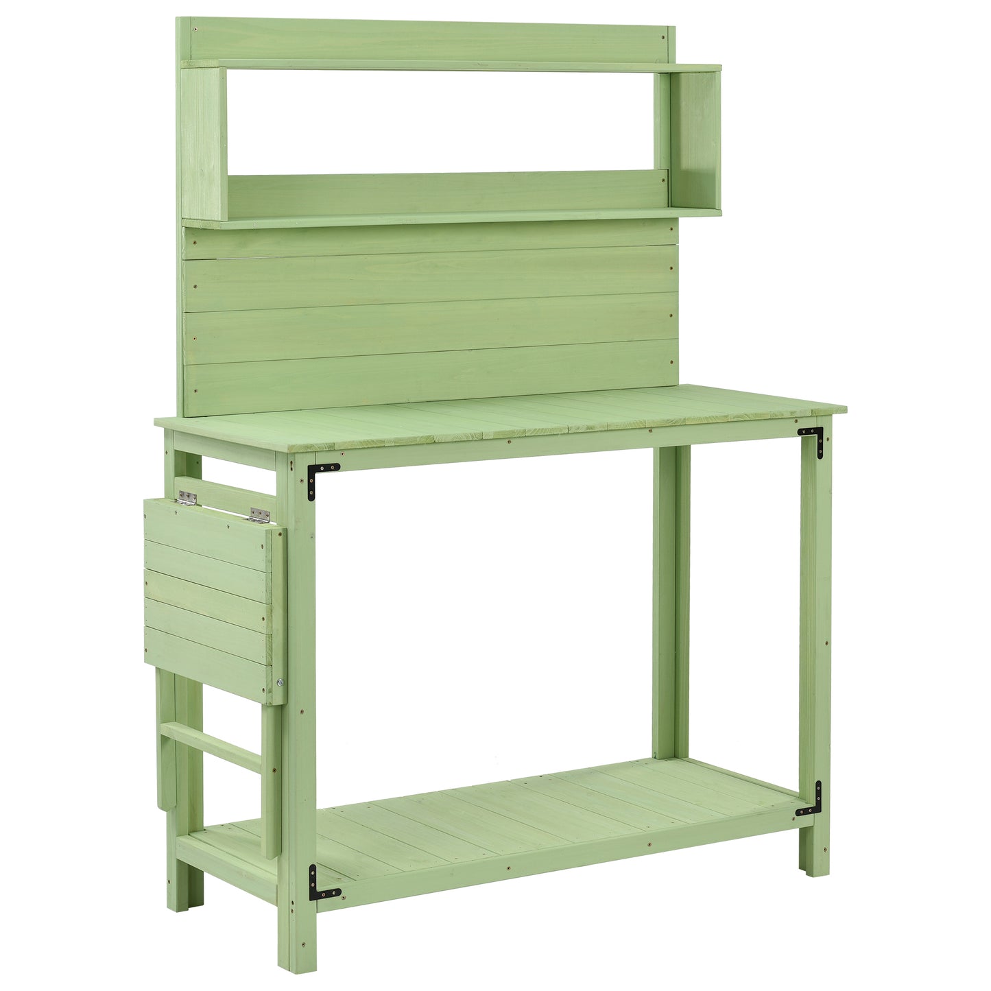 TOPMAX 65inch Garden Wood Workstation Backyard Potting Bench Table with Shelves, Side Hook and Foldable Side Table,Green