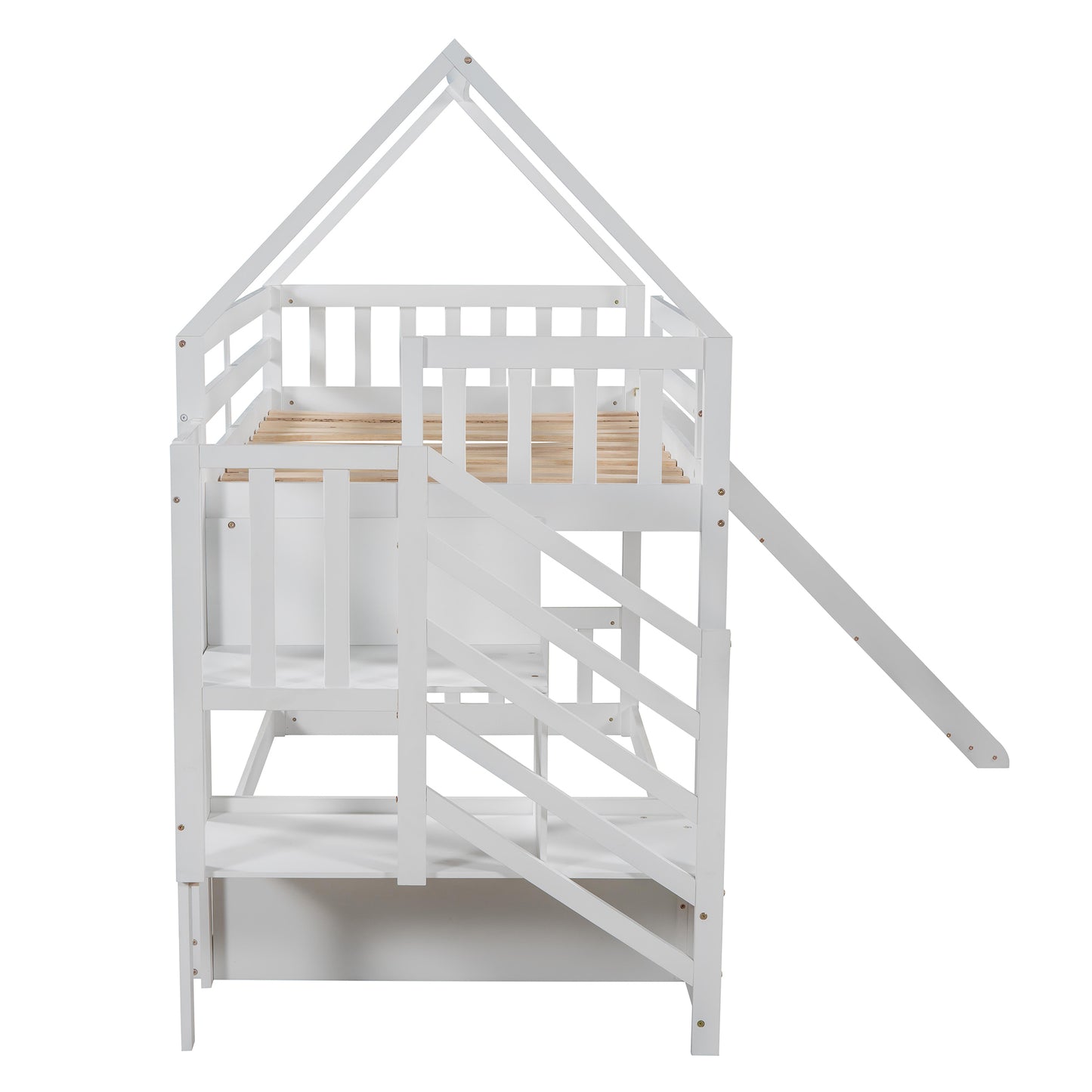 Twin over Twin House Bunk Bed with Slide and Storage Staircase,White