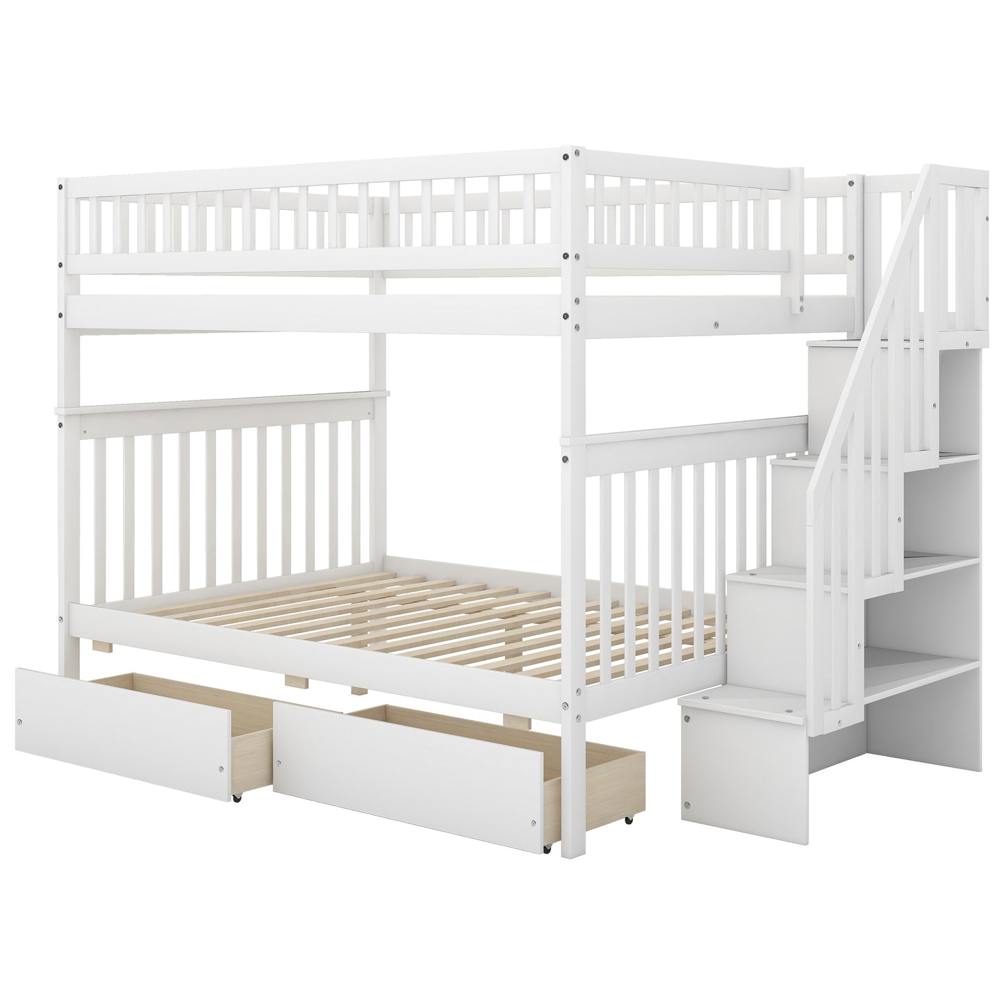 Full over Full Bunk Bed with Two Drawers and Storage, White