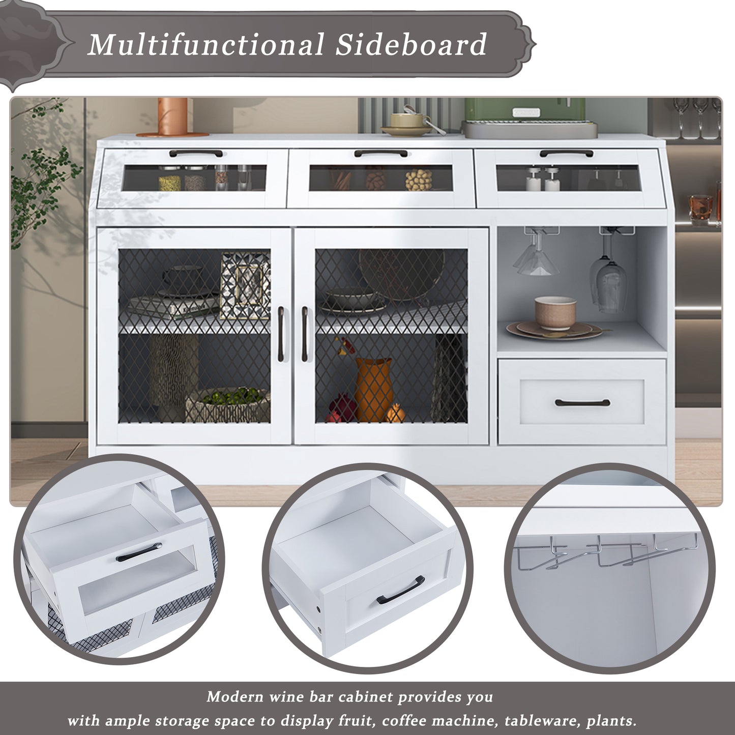 TREXM Kitchen Sideboard Multifunctional Buffet Cabinet with 4 Drawers, Mesh Metal Doors with Adjustable Shelves and Wineglass Holders (White)