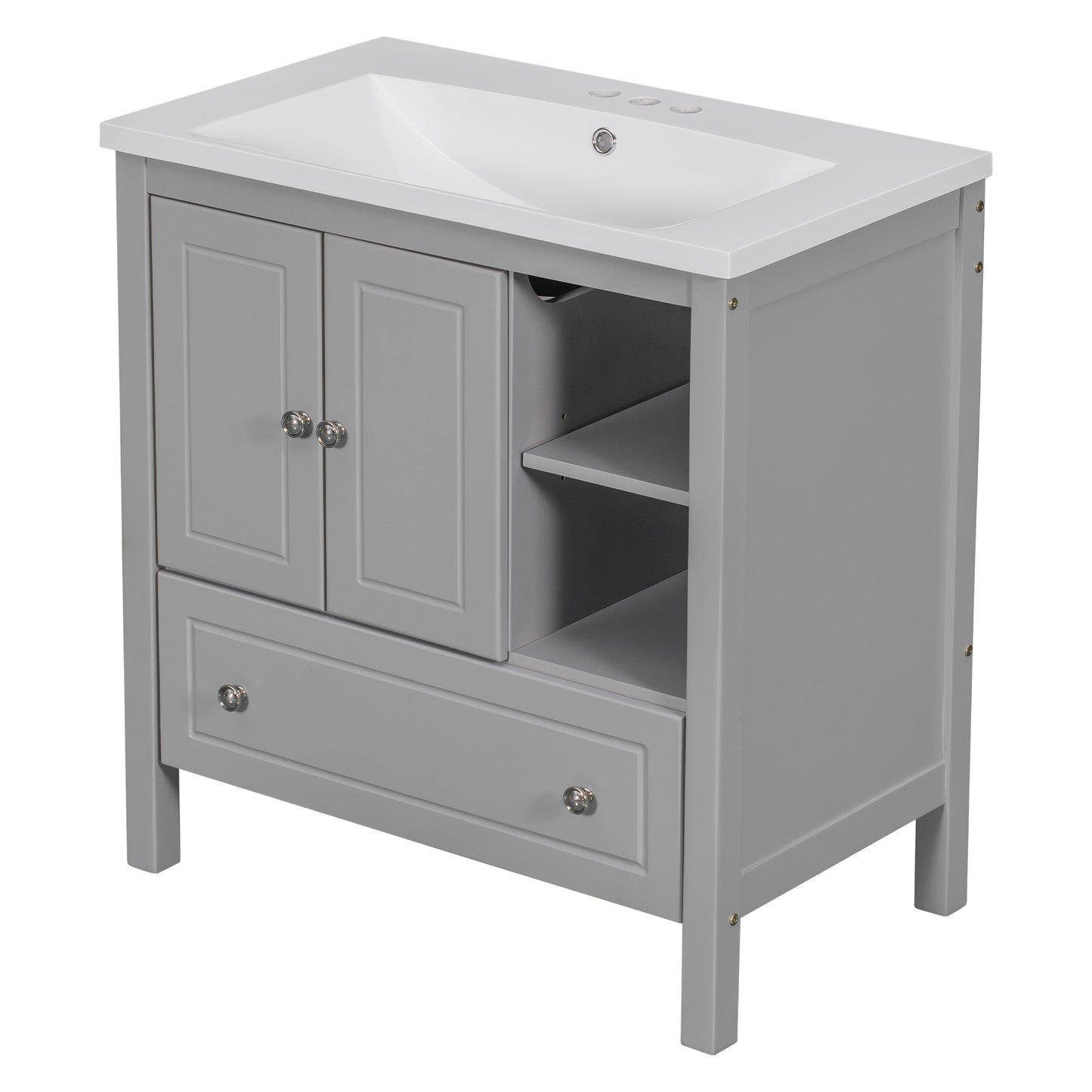 [VIDEO] 30" Bathroom Vanity with Sink, Bathroom Storage Cabinet with Doors and Drawers, Solid Wood Frame, Ceramic Sink, Grey