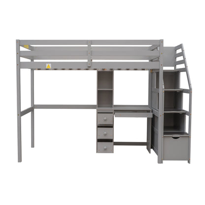 Twin Size Loft Bed with a Stand-alone Bed, Storage Staircase, Desk, Shelves and Drawers, Gray