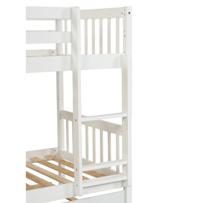 Twin Over Twin Bunk Beds with Trundle, Solid Wood Trundle Bed Frame with Safety Rail and Ladder, Kids/Teens Bedroom, Guest Room Furniture, Can Be converted into 2 Beds, White (Old Sku:W504S00028)