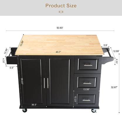 Kitchen Island & Kitchen Cart, \\nMobile Kitchen Island with Extensible Rubber Wood Table Top,\\nadjustable Shelf Inside Cabinet,\\n3 Big Drawers, with Spice Rack, Towel Rack, \\nBlack-Beech .