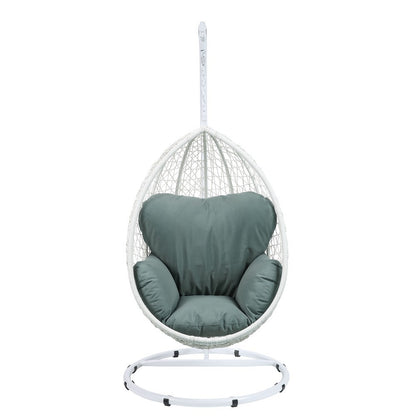 ACME Simona Patio Swing Chair with Stand in Green Fabric & White Wicker 45032