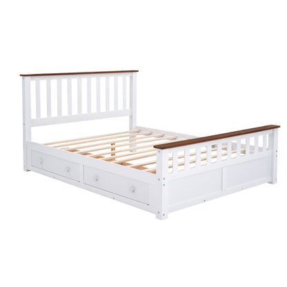 Queen Size Wood Platform Bed with Two Drawers and Wooden Slat Support,White+walnut