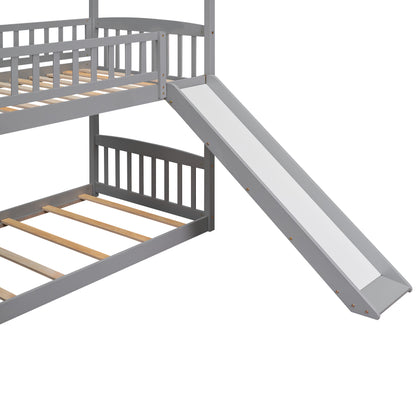 Twin Over Twin Bunk Bed with Drawers and Slide, House Bed with Slide,Gray(OLD SKU :LT000215AAE)