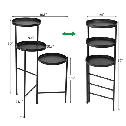 3 Tier Foldable Metal Plant Stand with Trays for Living Room, Bedroom, Balcony, Hallway, Black