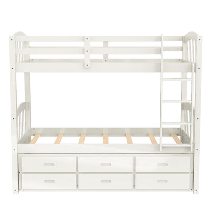 Twin over Twin Wood Bunk Bed with Trundle and Drawers,White