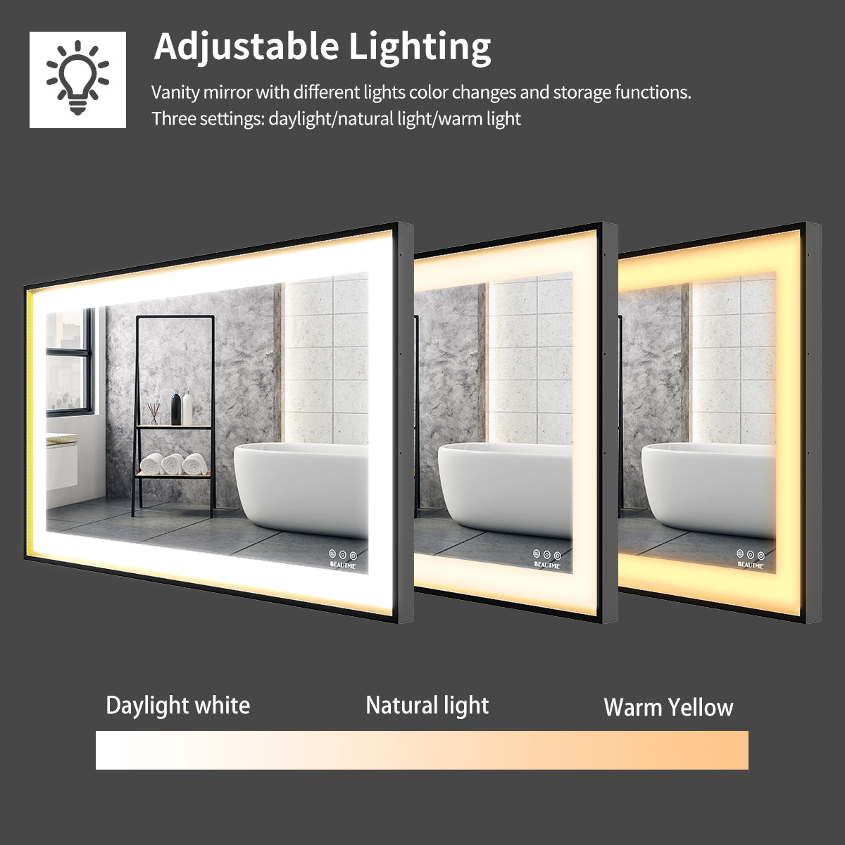 BEAUTME Bathroom Mirror with LED Lights Lighted Makeup Vanity Mirror Wall Mounted Large Size Rectangular Anti-Fog Memory Dimmable Touch Sensor Horizontal/Vertical Warm White/Daylight Lights