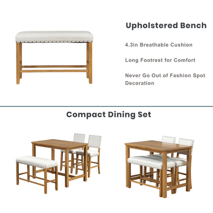 TOPMAX 4 Piece Rustic Wooden Counter Height Dining Table Set with Upholstered Bench for Small Places, Natural+Beige