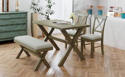 TOPMAX 4 Pieces Farmhouse Rustic Wood Kitchen Dining Table Set with Upholstered 2 X-back Chairs and Bench,Gray Green