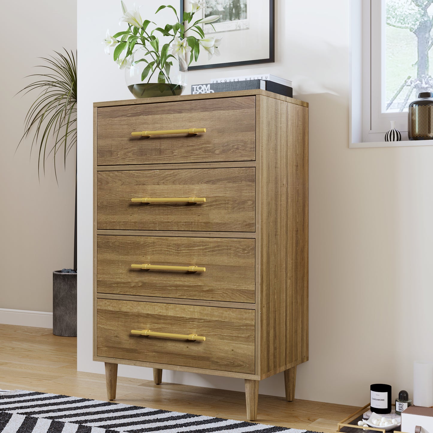 Mid-Century Modern Chest with Golden Handles, Four-Drawer, Natural Walnut