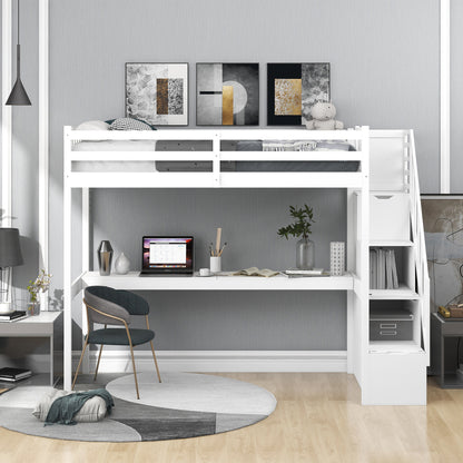 Twin Size Loft Bed with Staircase and Built-in Desk ,White