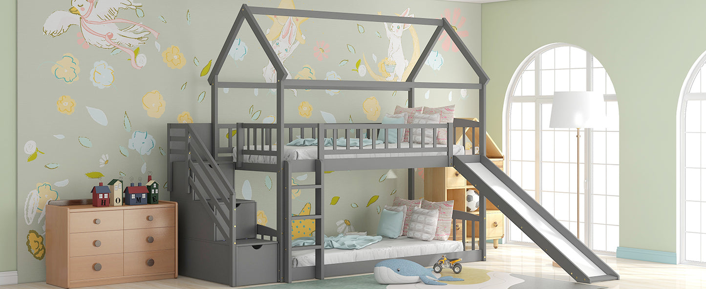 Twin Over Twin Bunk Bed with Drawers and Slide, House Bed with Slide,Gray(OLD SKU :LT000215AAE)