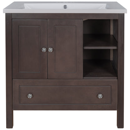 [VIDEO] 30" Bathroom Vanity with Sink, Bathroom Storage Cabinet with Doors and Drawers, Solid Wood Frame, Ceramic Sink, Brown