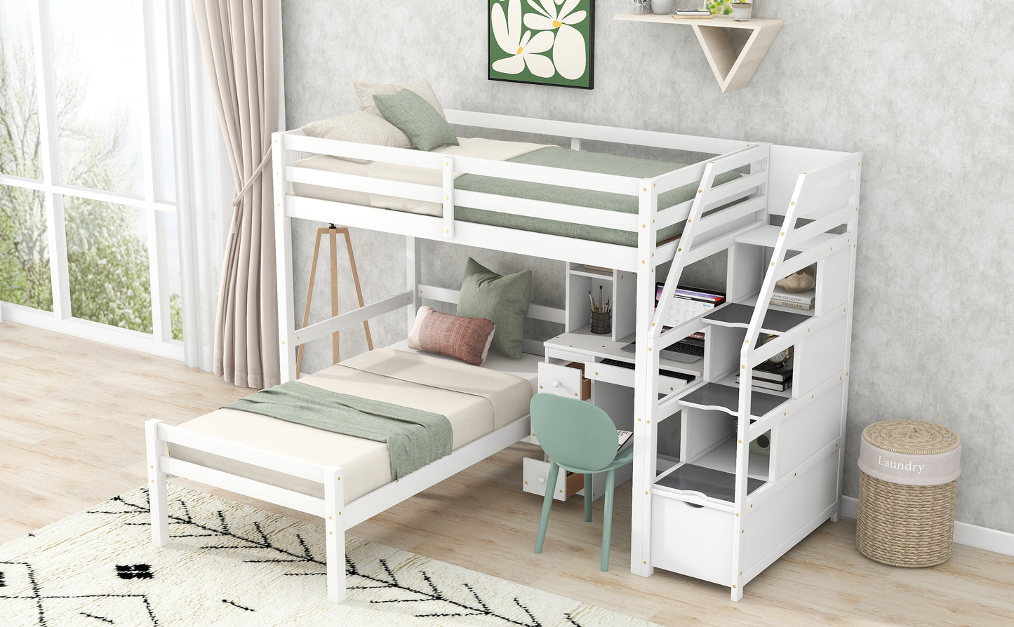 Twin Size Loft Bed with a Stand-alone Bed, Storage Staircase, Desk, Shelves and Drawers, White