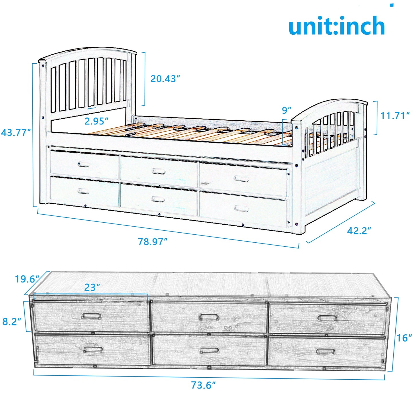 Orisfur. Twin Size Platform Storage Bed Solid Wood Bed with 6 Drawers