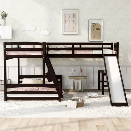 Twin over Full Bunk Bed with Twin Size Loft Bed with Desk and Slide,Full-Length Guardrail, Espresso