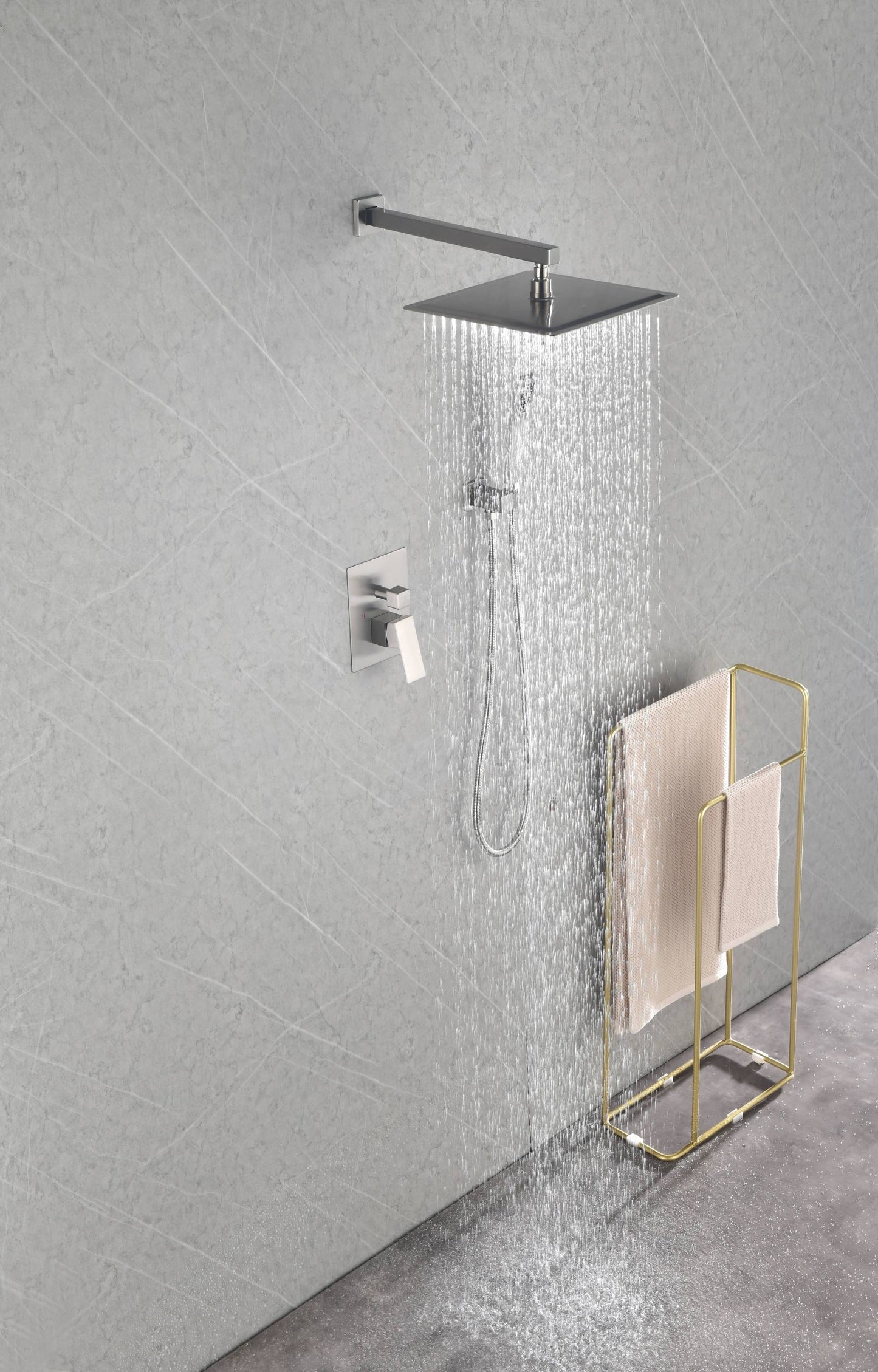 Shower System with Shower Head, Hand Shower, Hose, Valve Trim, Lever Handles and Niche