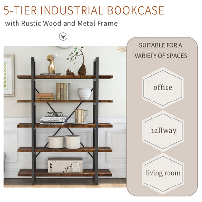 ON-TREND  5-tier Industrial Bookcase with Rustic Wood and Metal Frame, Large Open Bookshelf for Living Room（Distressed Brown）