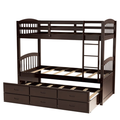 Twin over Twin Wood Bunk Bed with Trundle and Drawers, Espresso