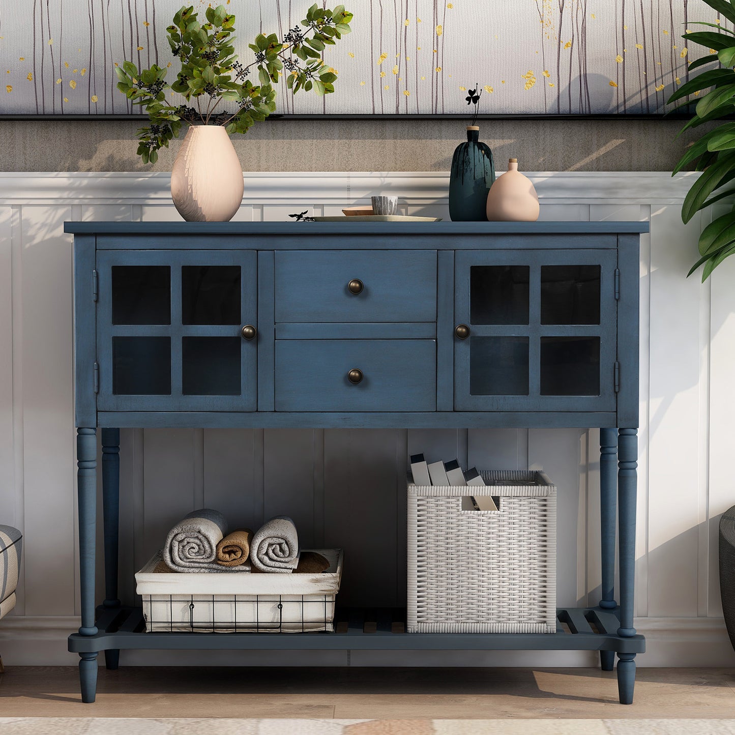 TREXM Sideboard Console Table with Bottom Shelf, Farmhouse Wood/Glass Buffet Storage Cabinet Living Room (Antique Navy)