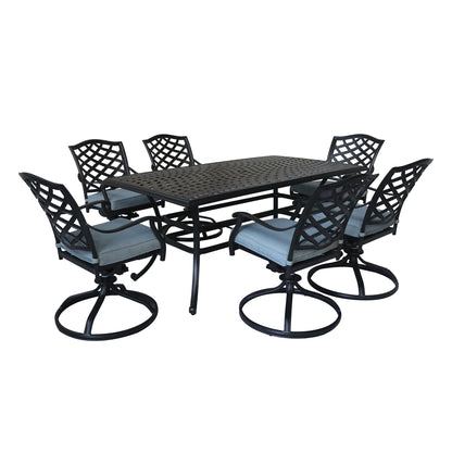 Aluminum 7-Piece Rectangular Dining Set With 6 Swivel Rockers, Light Blue