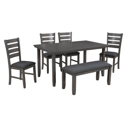 TREXM Dining Room Table and Chairs with Bench, Rustic Wood Dining Set, Set of 6 (Gray)