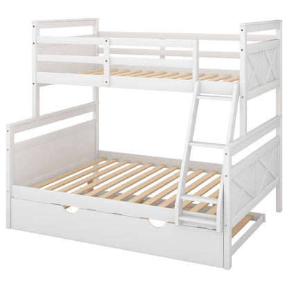 Twin over Full Bunk Bed with Ladder, Twin Size Trundle, Safety Guardrail, White