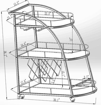 Black Industrial Mobile Bar Cart Serving Wine Cart with Wheels, 3-tier Metal Frame Elegant Wine Rack for Kitchen, Party, Dining Room and Living Room