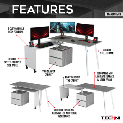 Techni Mobili Rotating Multi-Positional Modern Desk, Grey