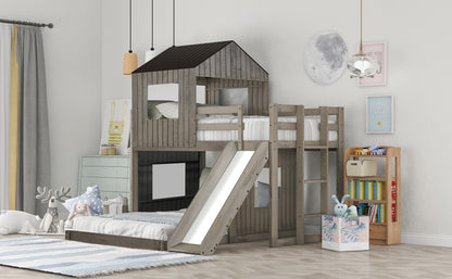 Wooden Twin Over Full Bunk Bed, Loft Bed with Playhouse, Farmhouse, Ladder, Slide and Guardrails, White(OLD SKU :LT000028AAE)