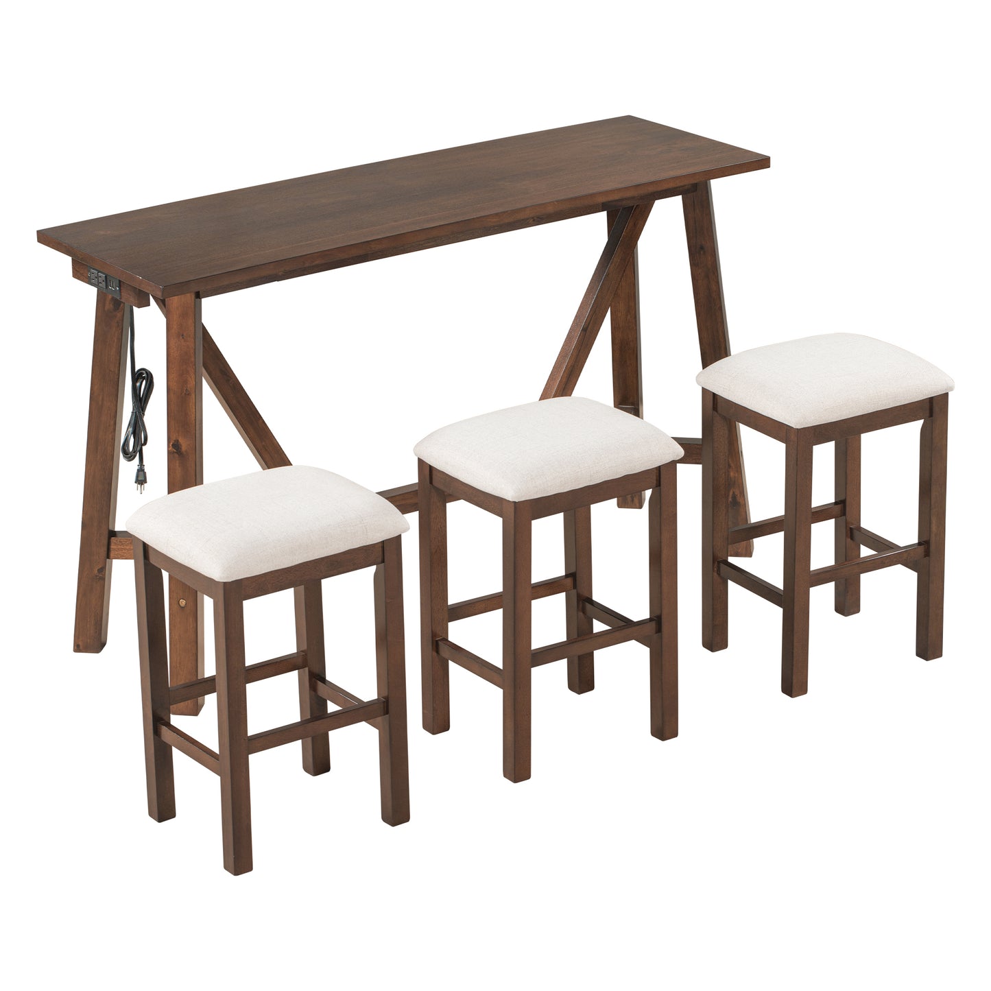 TREXM Multipurpose Home Kitchen Dining Bar Table Set with 3 Upholstered Stools(Dark Walnut)