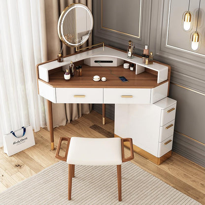 Modern Corner Makeup Vanity Table with LED Lighted Mirror, Vanity Desk with 5 Drawers, Piano Finish, Solid Wood Legs, Stool,