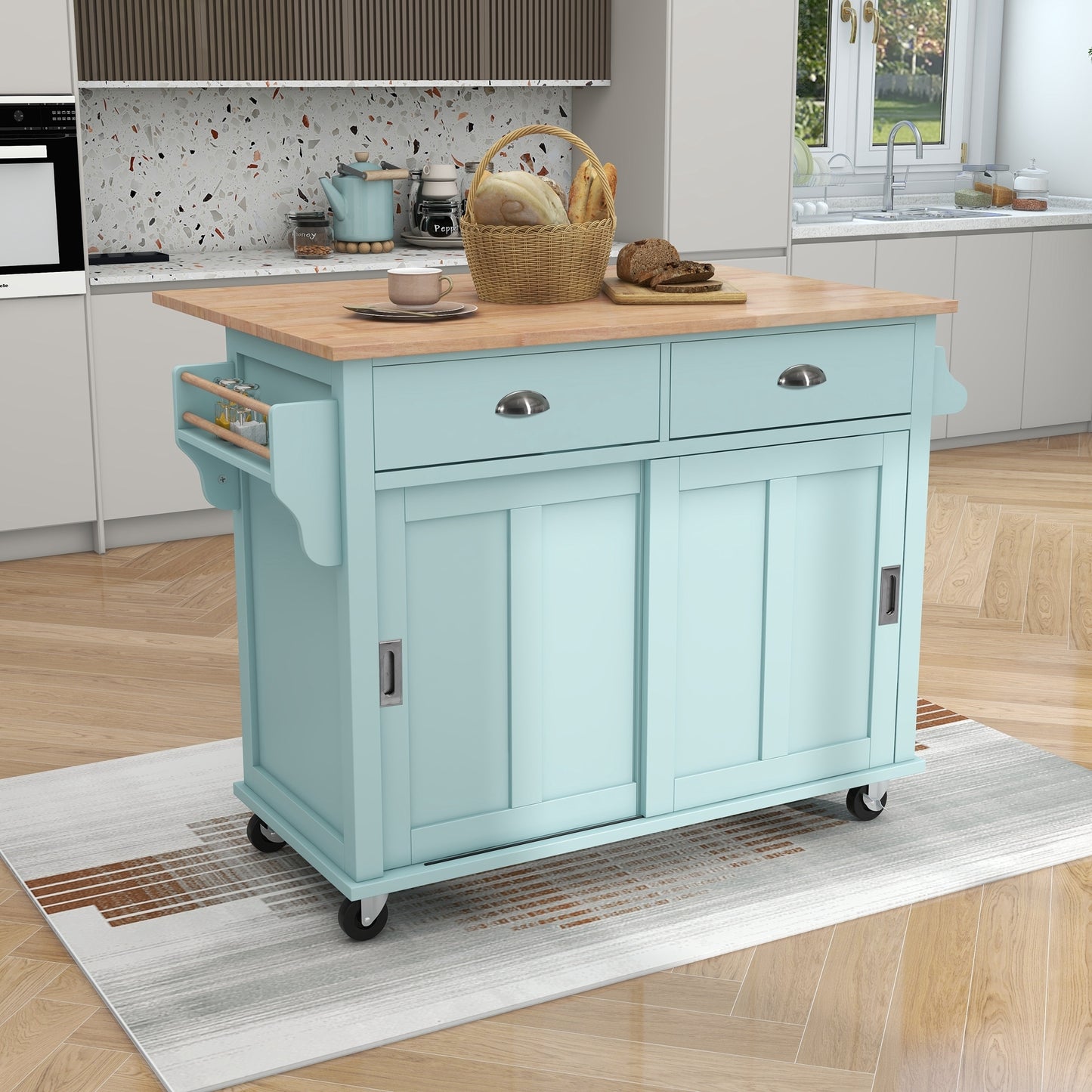 K&K Kitchen Cart with Rubber wood Drop-Leaf Countertop, Concealed sliding barn door adjustable height,Kitchen Island on 4 Wheels with Storage Cabinet and 2 Drawers,L52.2xW30.5xH36.6 inch, Mint Green