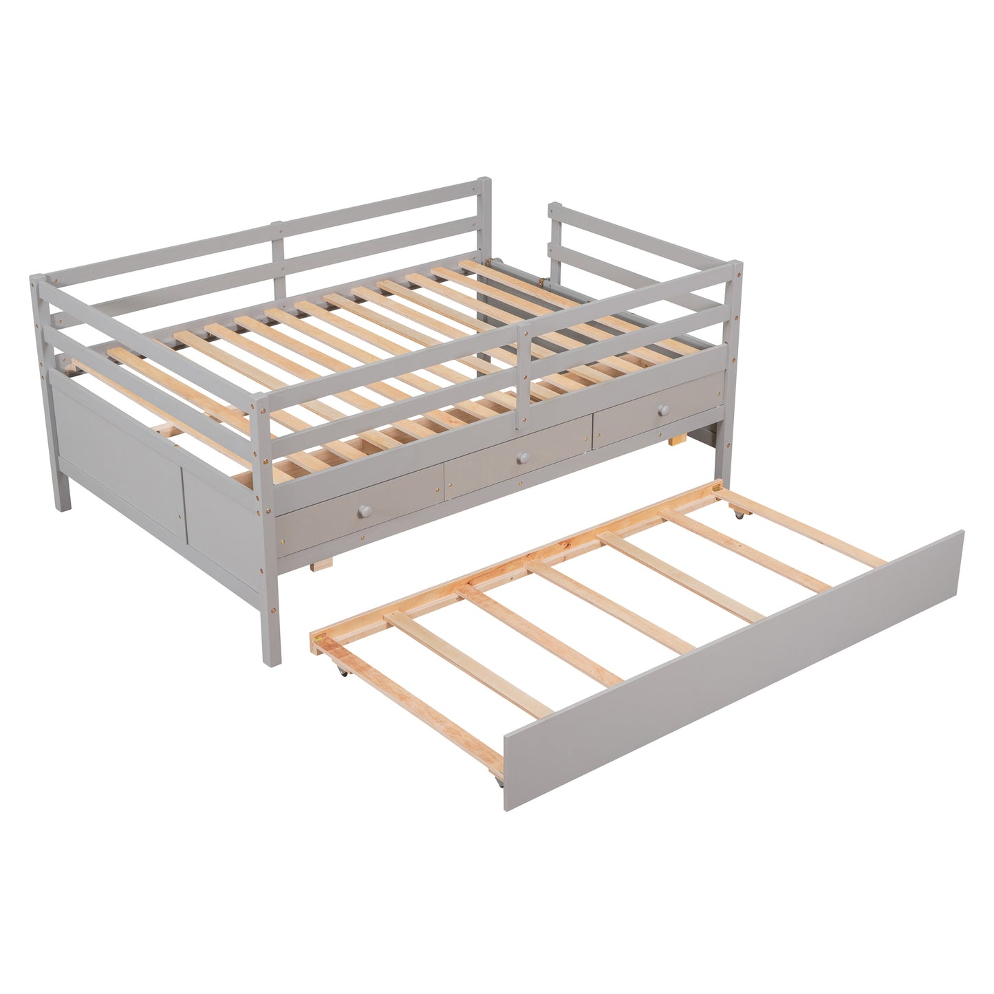 Low Loft Bed Full Size with Full Safety Fence, Climbing ladder, Storage Drawers and Trundle Gray Solid Wood Bed